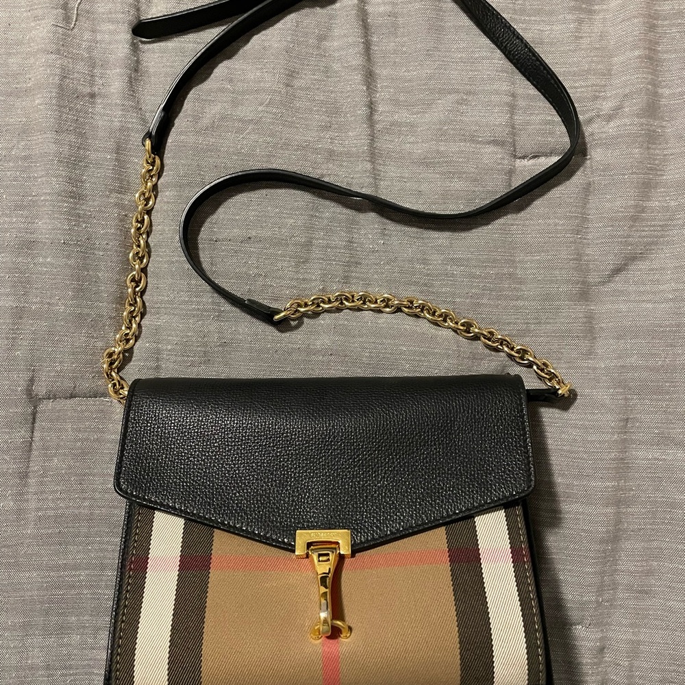 Burberry Macken Check Black Leather Crossbody Bag - Picture 2 of 7